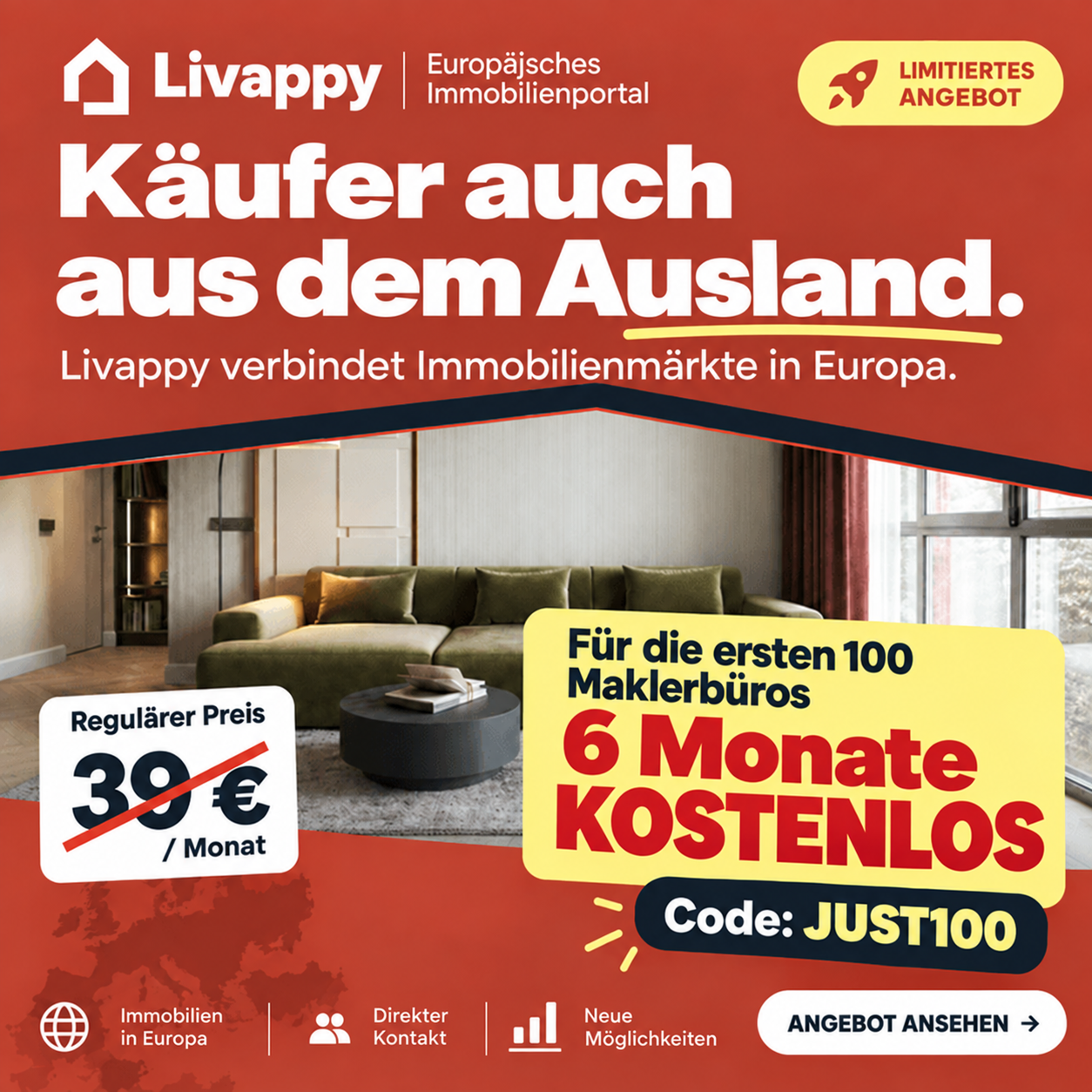 Livappy: 6 Monate kostenlos für die ersten 100 neuen Maklerbüros. Code JUST100.
